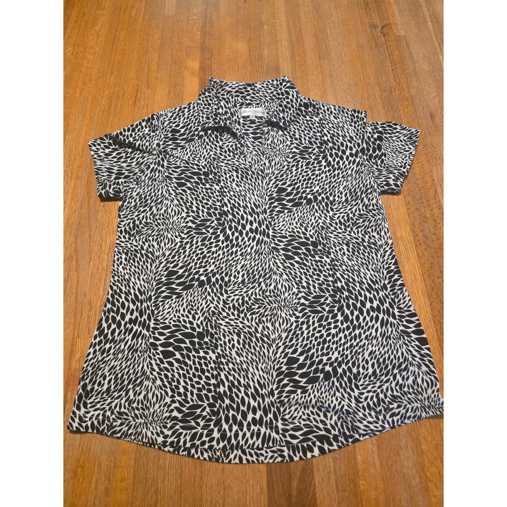 Sport‎ Haley Women Medium Black White Abstract Leaf Print Short Sleeve Polo Top